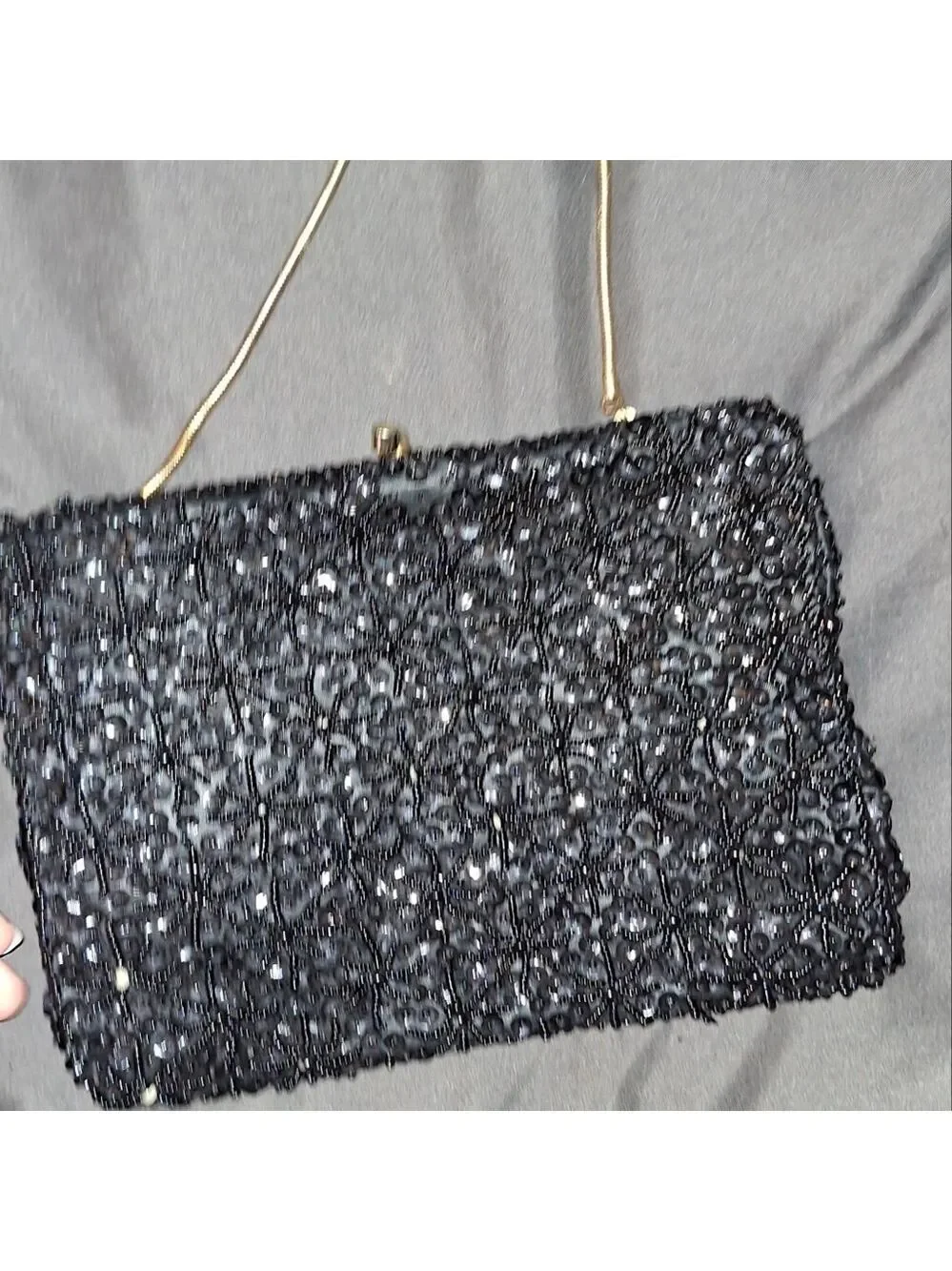 Vintage Black Beaded Sequin Clutch Gold Chain Purse